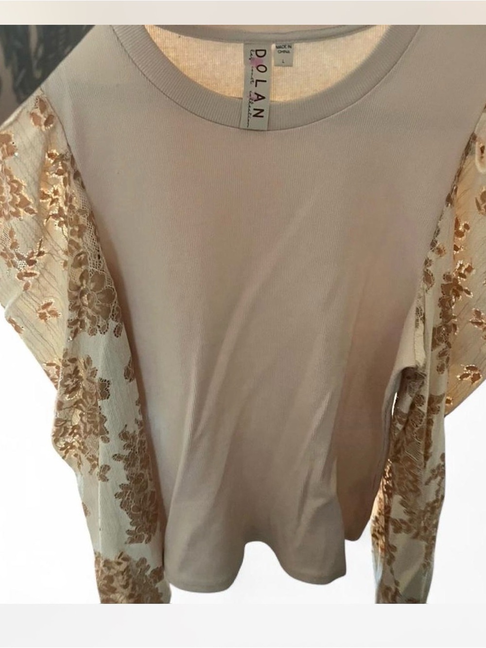 dolan Cream Top with Gold Floral Lace Sleeves